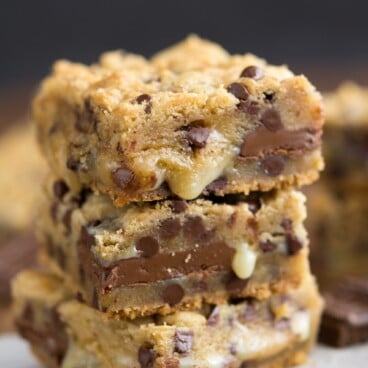 stack of gooey chocolate chip cookie bars