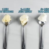 3 spoons with different creamed butters showing stages of creaming.