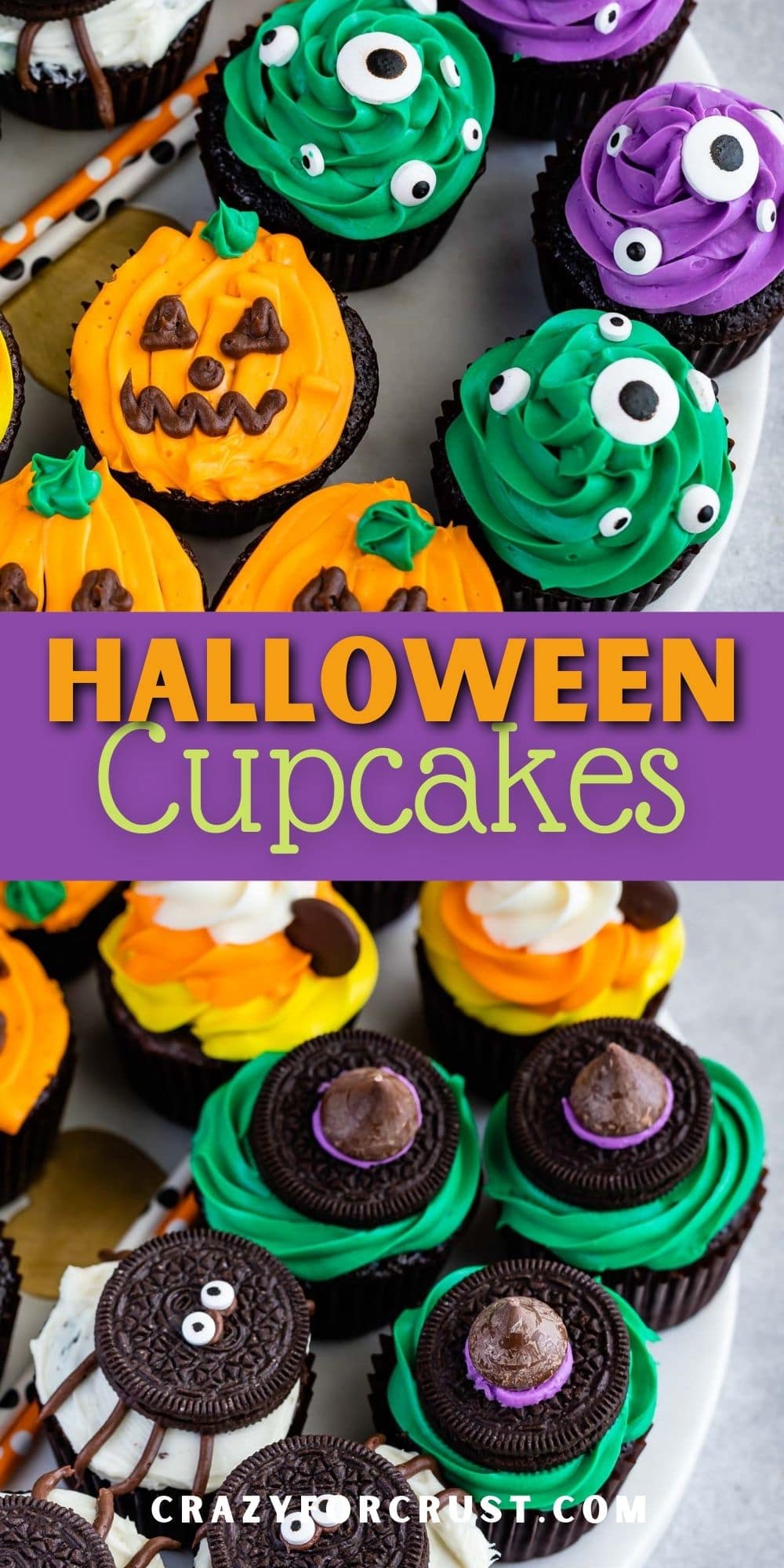 Photo collage of halloween cupcakes with recipe title in the middle of two photos
