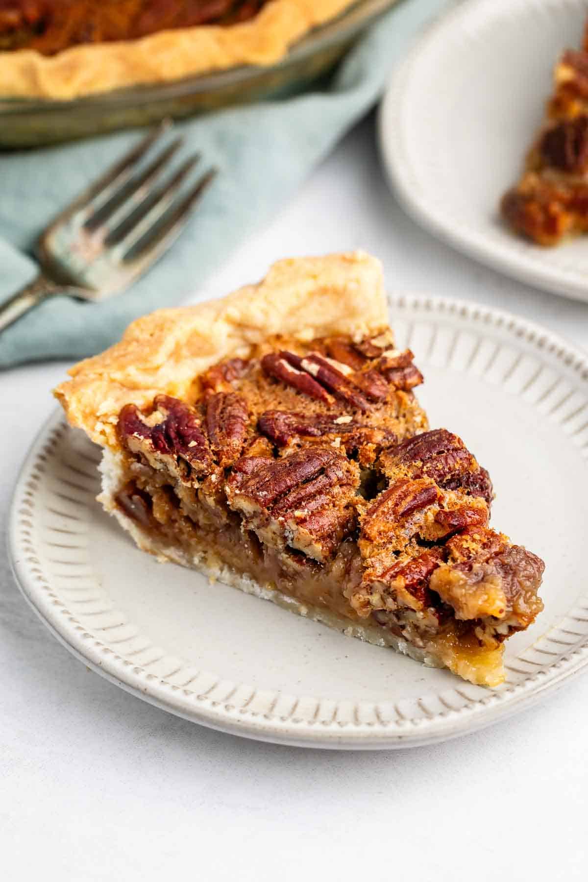 A slice of pecan pie sits on a light-colored plate, showing a flaky crust, gooey filling, and toasted pecans on top. A fork and another plate with pie are in the background.