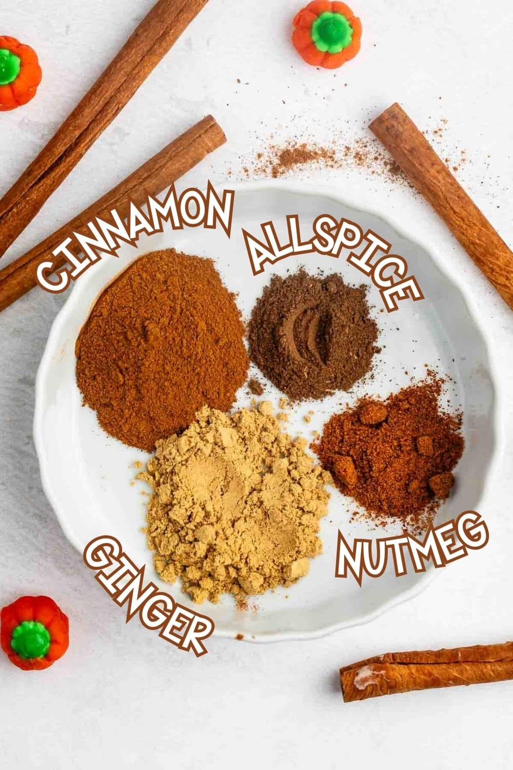 A white plate with four labeled piles of spices: cinnamon, allspice, ginger, and nutmeg. Cinnamon sticks and candy pumpkins are scattered around the plate.