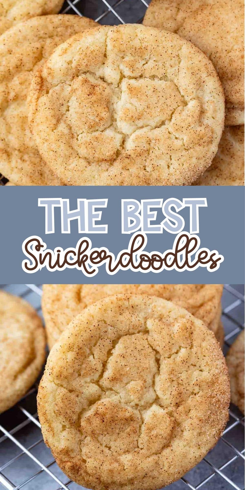A close-up of golden, cinnamon-sugar coated snickerdoodle cookies, with a text overlay that reads The Best Snickerdoodles between two images of the cookies.