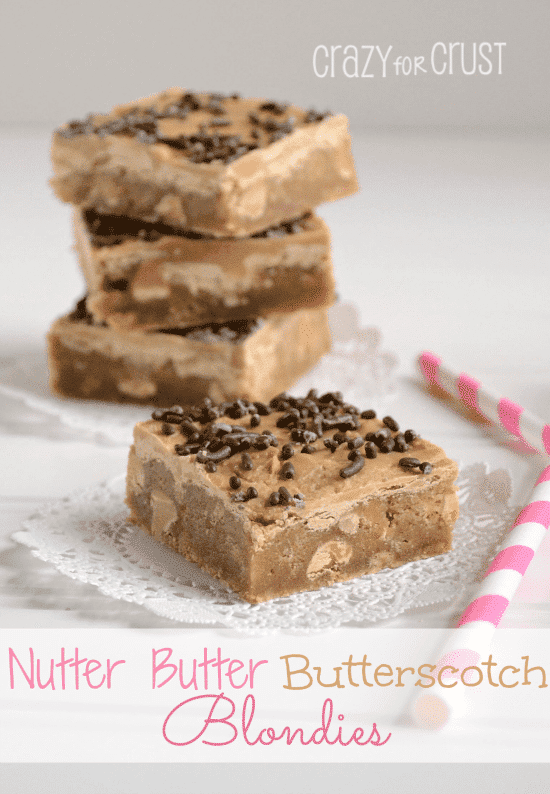 Nutter Butter Butterscotch Blondies by www.www.crazyforcrust.com | A blondie filled with Nutter Butter Cookies and peanut butter chips, topped with butterscotch! nutter butter butterscotch blondies